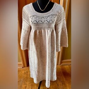 Hand Knitted Crochet Ecru Artisan Non Pilling/Allergy Saluki Bernat Yarn Dress